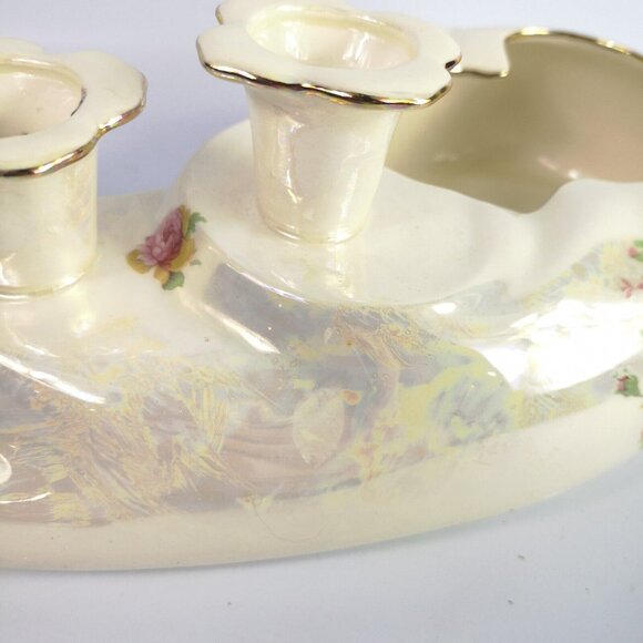 VTG 1950s Candle Holder Planter Iridescent Roses Ivory Unique Handmade Signed - Picture 12 of 15